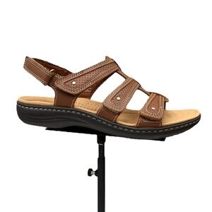 Clarks Womens Laurieann Ivy Leather Sandal Sz 7 Brown Comfort Slip-On Adjustable